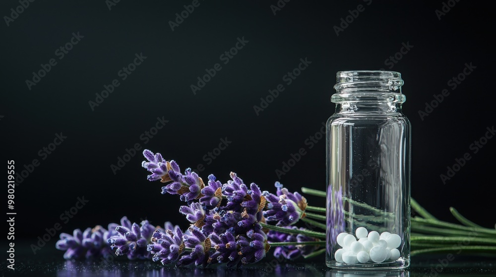 Close-up illustration of lavender flowers next to a glass vial of homeopathic medicine on a minimalist black background with ample space for design elements Close-up illustration of lavender flowers next to a glass vial of homeopathic medicine on a minimalist black background with ample space for design elements