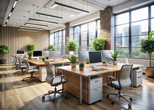 A sleek, well-organized open-plan office with rows of modern desks, equipped with computers and ergonomic chairs, divided by privacy screens for focused work.