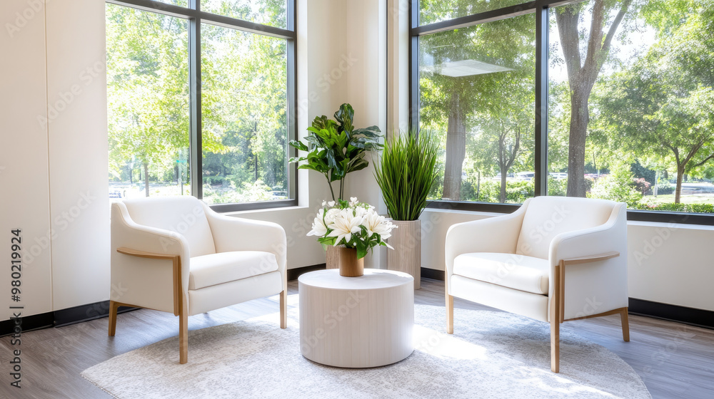A serene therapists office featuring calming decor, two white chairs, and round table adorned with flowers. large windows provide view of lush greenery, creating peaceful atmosphere A serene therapists office featuring calming decor, two white chairs, and round table adorned with flowers. large windows provide view of lush greenery, creating peaceful atmosphere