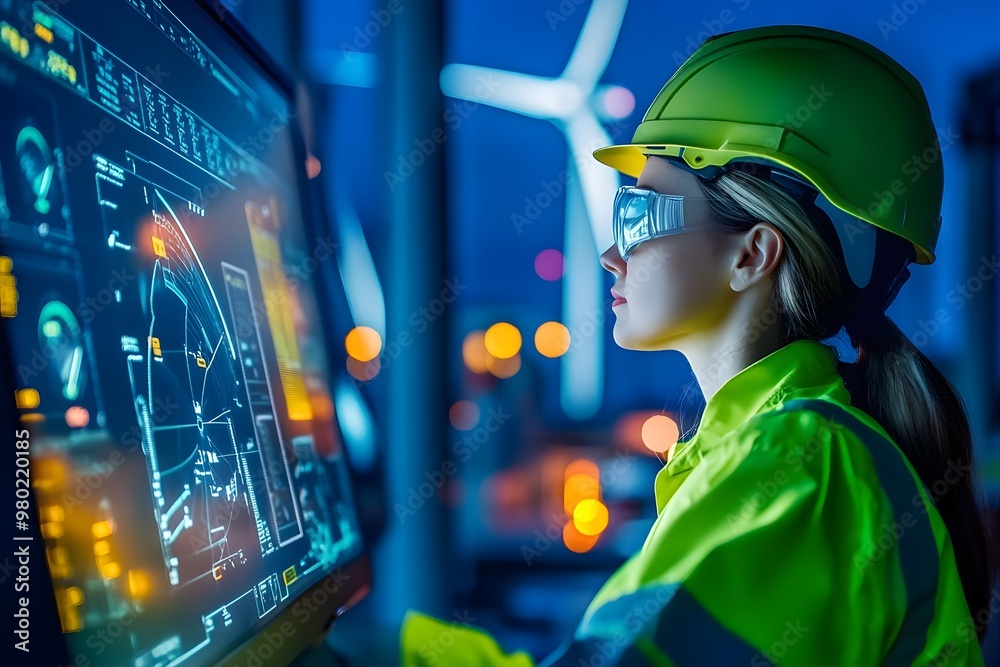 A technician monitors wind turbine performance at night in a control room with glowing screens and a view of spinning turbines
