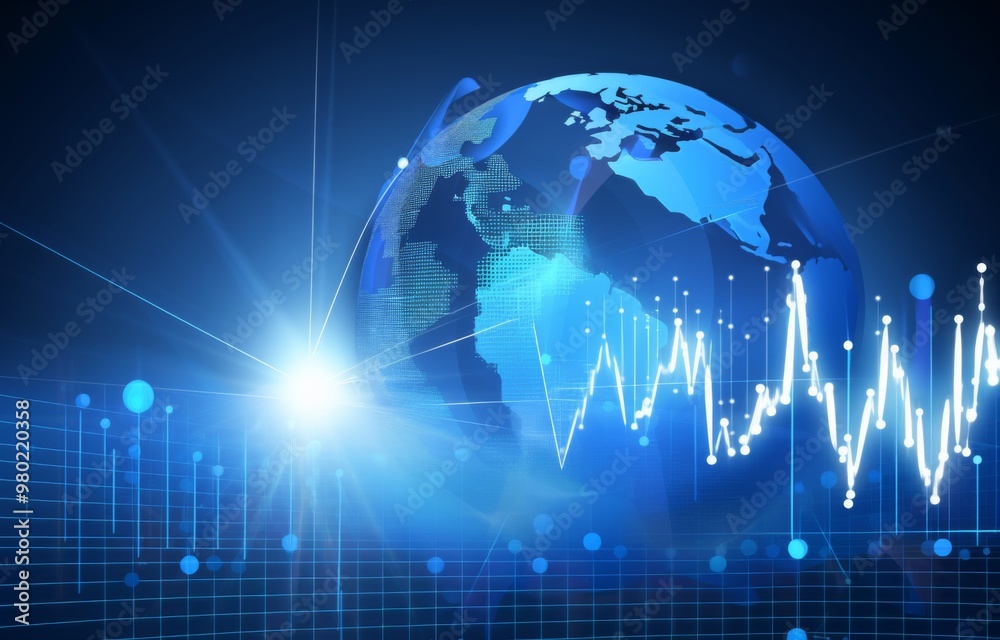 f a Growth Chart with Global Globe in Blue Theme: Symbolizing Business Progress and Uplifting Trends on a Dark Background with Clear Copy Space f a Growth Chart with Global Globe in Blue Theme: Symbolizing Business Progress and Uplifting Trends on a Dark Background with Clear Copy Space