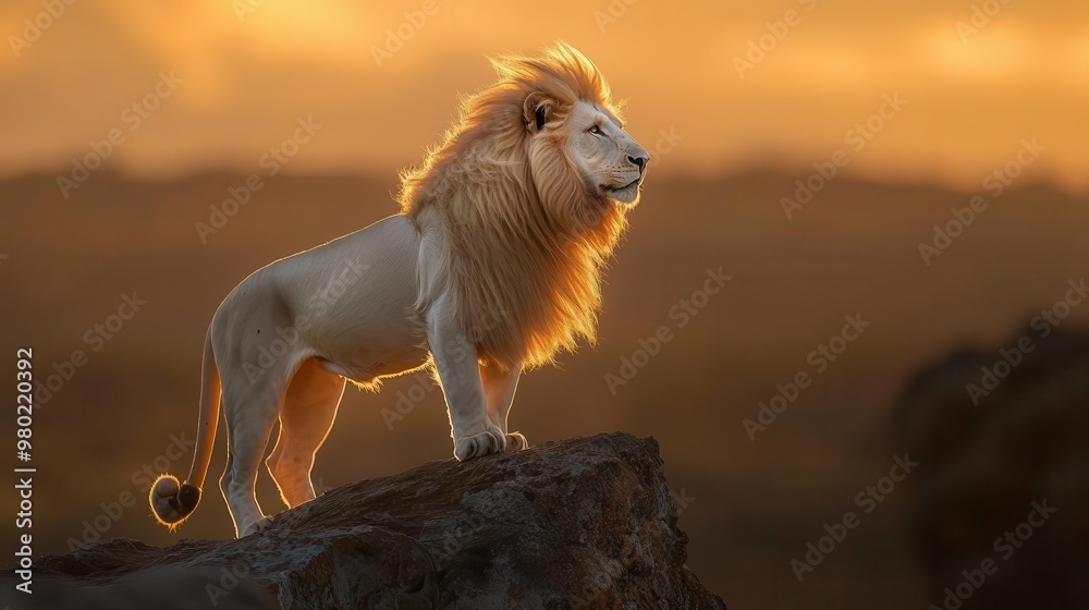 Obraz premium A majestic white lion stands on a cliff
