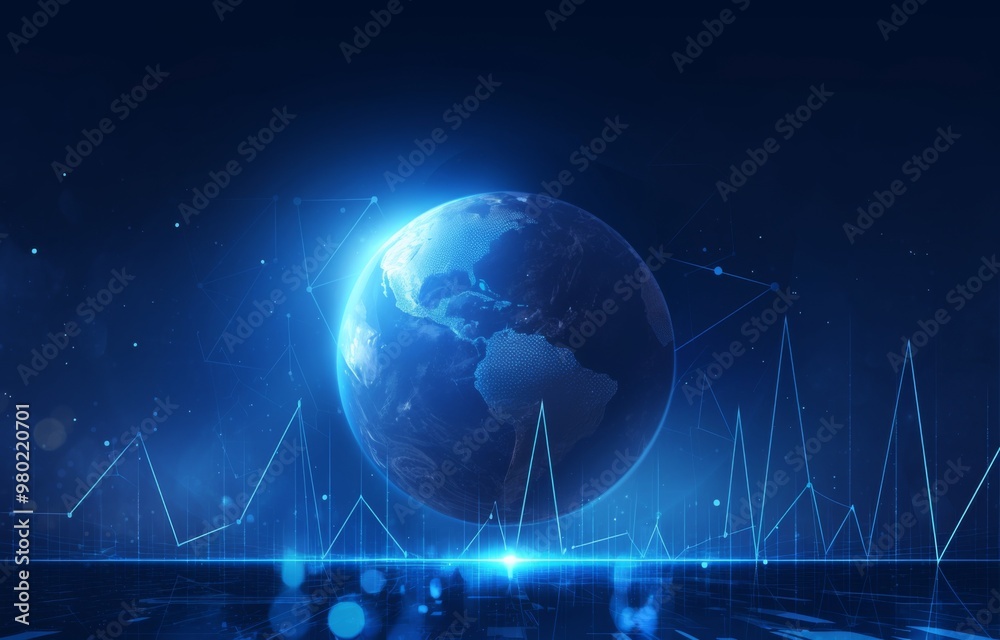 f a Growth Chart with Global Globe in Blue Theme: Symbolizing Business Progress and Uplifting Trends on a Dark Background with Clear Copy Space f a Growth Chart with Global Globe in Blue Theme: Symbolizing Business Progress and Uplifting Trends on a Dark Background with Clear Copy Space