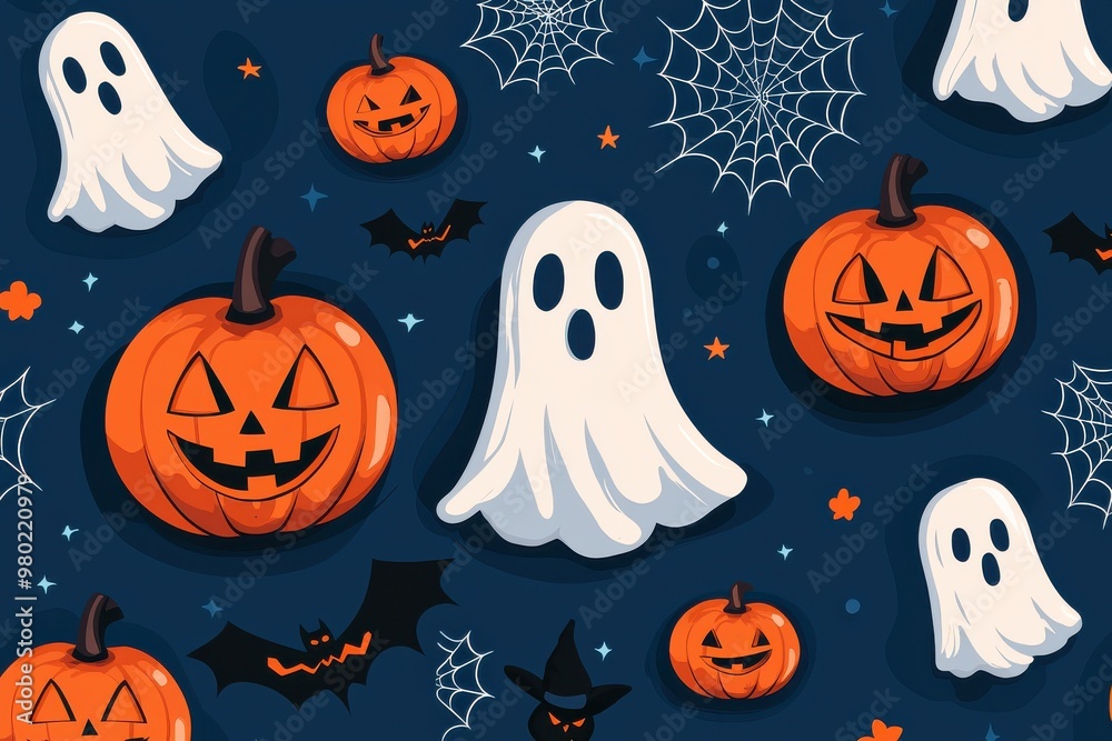 Festive Halloween pattern with pumpkins, ghosts and spider webs Festive Halloween pattern with pumpkins, ghosts and spider webs