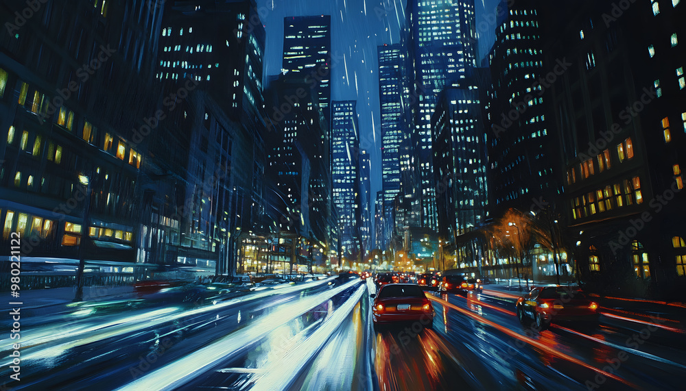 Fototapeta premium A bustling city at night, with skyscrapers illuminated and traffic creating streaks of light