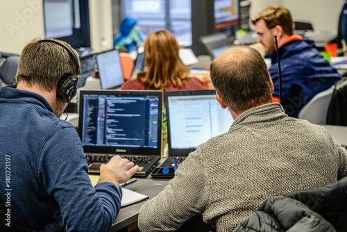 A Team Working On Integrating New Supply Chain Management Systems. The Workspace Includes Laptops And Digital Displays Showing System Interfaces