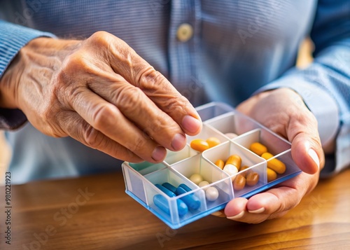 Macro view of hands opening a daily pill case, dispensing medication, highlighting the importance of adhering to prescription regimens for health and wellness management. photo