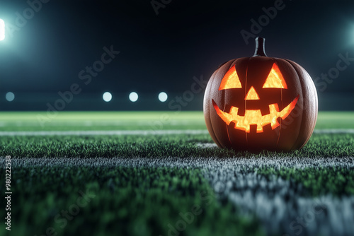 halloween pumpkin on grass football field photo