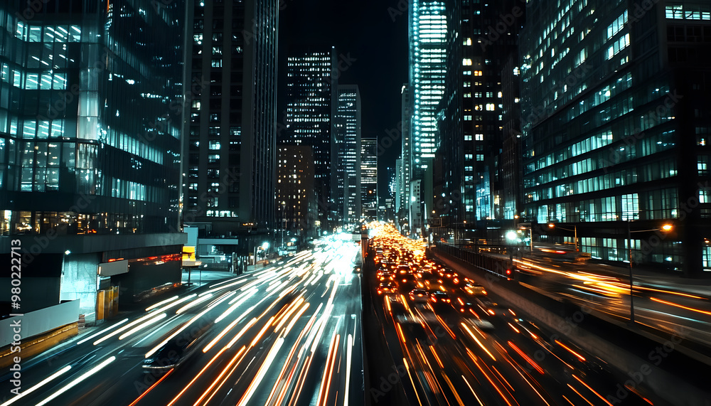 Naklejka premium A bustling city at night, with skyscrapers illuminated and traffic creating streaks of light