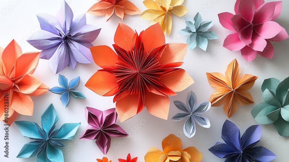 A vibrant collection of origami flowers bursting into bloom, watercolor shades blending harmoniously with sharp, folded edges, creating a lively garden of paper art A vibrant collection of origami flowers bursting into bloom, watercolor shades blending harmoniously with sharp, folded edges, creating a lively garden of paper art