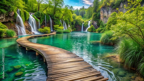 Serene summer scenery of Plitvice Lakes National Park in Croatia, featuring wooden walkways suspended above crystal-clear turquoise lakes and waterfalls, surrounded by lush greenery.