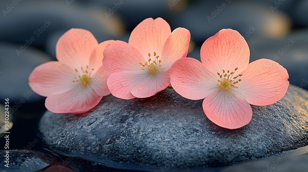 Pink flower petals on a smooth stone surface in a minimalist garden with soft sunlight, calm, relax Pink flower petals on a smooth stone surface in a minimalist garden with soft sunlight, calm, relax