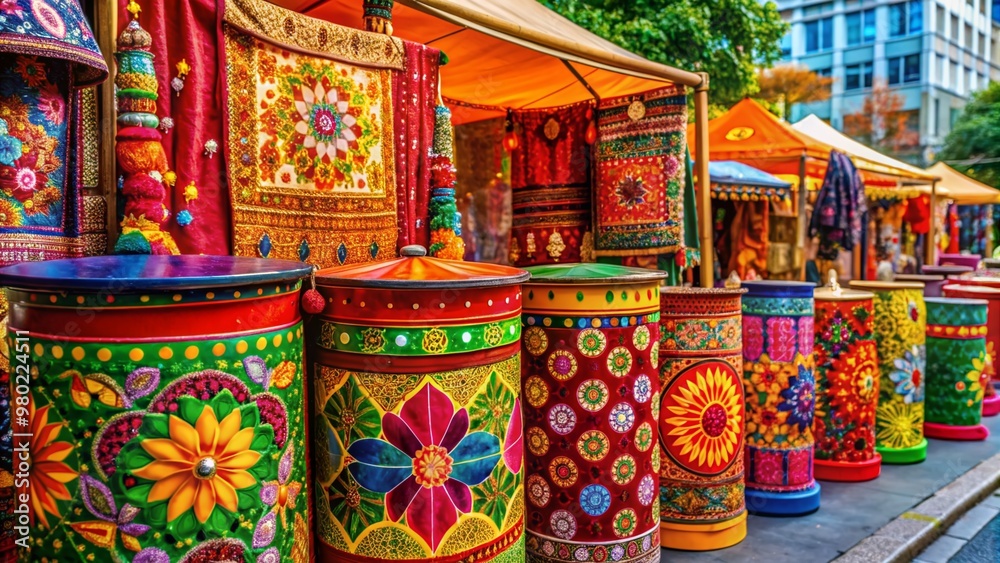 Fototapeta premium Vibrant festive atmosphere in Auckland's downtown area, colorful decorated trash cans sit beside a vibrant textile stall, celebrating Diwali with cultural flair and joy.