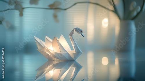 An elegant origami swan on a reflective glass surface, viewed from eye level The soft evening light creates a warm glow, while the reflection adds depth and a serene atmosphere