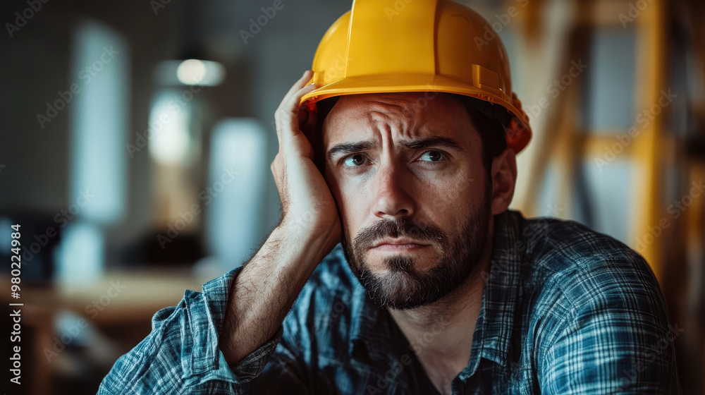 A former factory worker in hard hat sits at home, looking contemplative and concerned about his future. atmosphere reflects sense of uncertainty and introspection A former factory worker in hard hat sits at home, looking contemplative and concerned about his future. atmosphere reflects sense of uncertainty and introspection