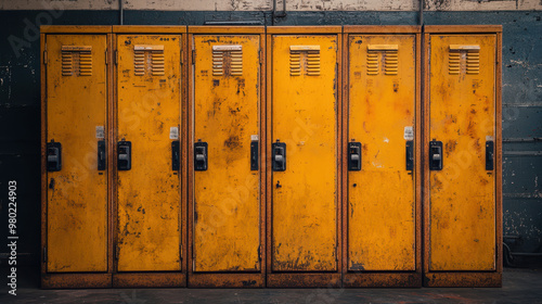 Wallpaper Mural image features row of empty, weathered yellow lockers, symbolizing lost opportunities and abandonment. peeling paint and rust evoke sense of nostalgia and neglect Torontodigital.ca