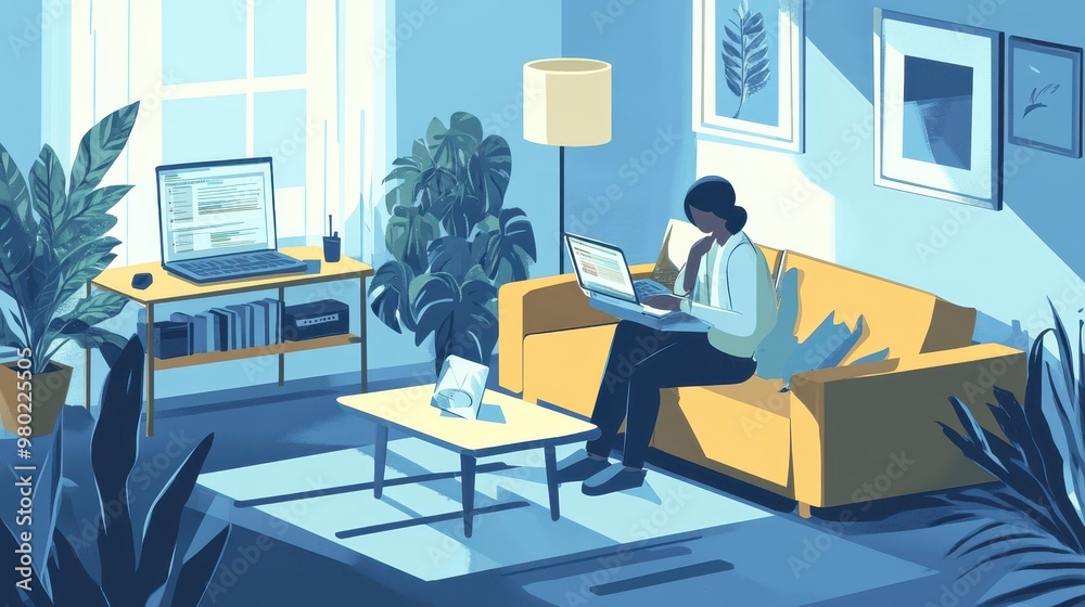 Fototapeta premium Woman Working from Home on a Sunny Day
