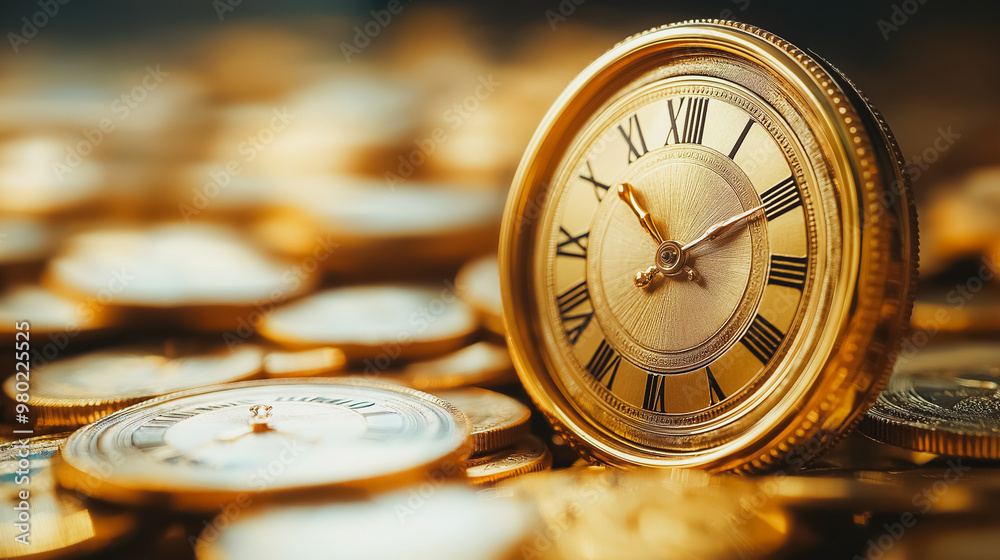 A gold clock with roman numerals sits on top of a pile of gold coins. The clock is surrounded by a variety of coins, some of which are larger and some smaller. Concept of abundance and wealth