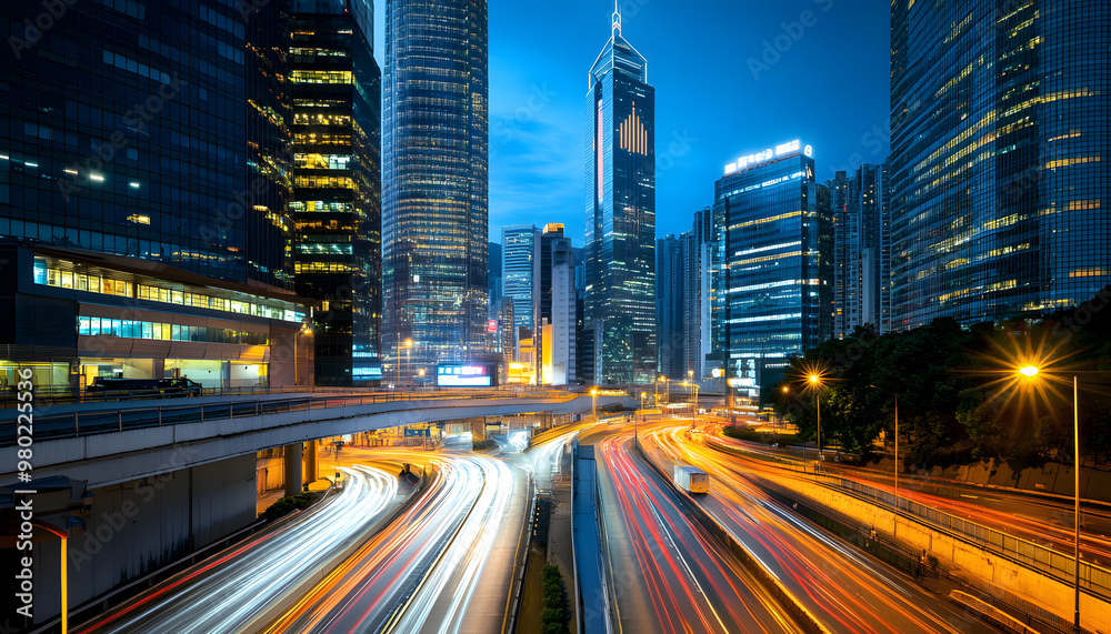 Fototapeta premium A bustling city at night, with skyscrapers illuminated and traffic creating streaks of light