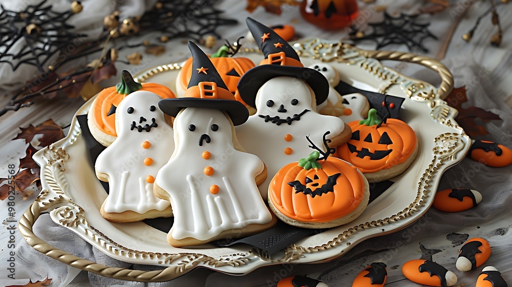 A tray of Halloween-themed cookies decorated as ghosts, pumpkins, and witches' hats, surrounded by festive candy and black napkins. 8k UHD, suitable for high-quality printing or digital display. A tray of Halloween-themed cookies decorated as ghosts, pumpkins, and witches' hats, surrounded by festive candy and black napkins. 8k UHD, suitable for high-quality printing or digital display.