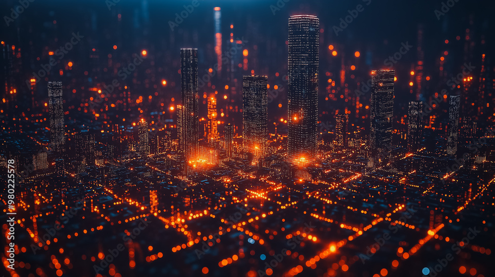 A cityscape with many buildings lit up in orange. The city appears to be at night and the lights are glowing brightly. Scene is energetic and lively, as the city seems to be bustling with activity A cityscape with many buildings lit up in orange. The city appears to be at night and the lights are glowing brightly. Scene is energetic and lively, as the city seems to be bustling with activity
