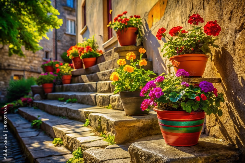 Colorful flowerpots with vibrant flowers sit atop a worn stone step, casting a warm shadow, against a rustic backdrop of historic Banska Stiavnica, Slovakia. Colorful flowerpots with vibrant flowers sit atop a worn stone step, casting a warm shadow, against a rustic backdrop of historic Banska Stiavnica, Slovakia.