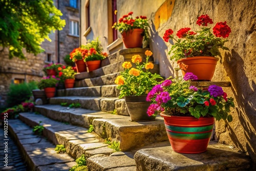 Colorful flowerpots with vibrant flowers sit atop a worn stone step, casting a warm shadow, against a rustic backdrop of historic Banska Stiavnica, Slovakia.