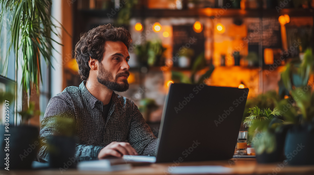 A man is sitting at a table with a laptop in front of him. He is wearing a black shirt and a beard. The room has a lot of plants, including a potted plant on the table A man is sitting at a table with a laptop in front of him. He is wearing a black shirt and a beard. The room has a lot of plants, including a potted plant on the table