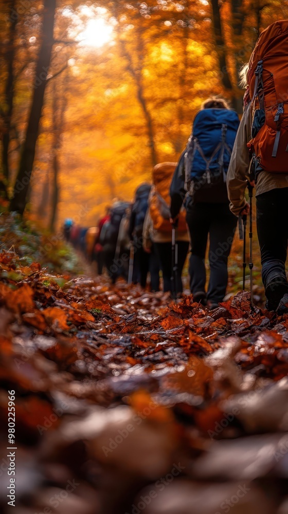 autumn forest path with group of hikers feet visible rich fall colors dappled sunlight and sense of adventure focus on camaraderie and outdoor exploration autumn forest path with group of hikers feet visible rich fall colors dappled sunlight and sense of adventure focus on camaraderie and outdoor exploration