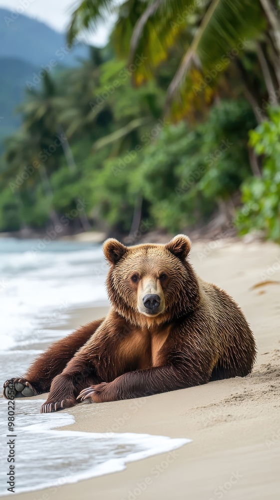 Fototapeta premium Brown bear relaxing on a sandy beach with tropical foliage and ocean waves.