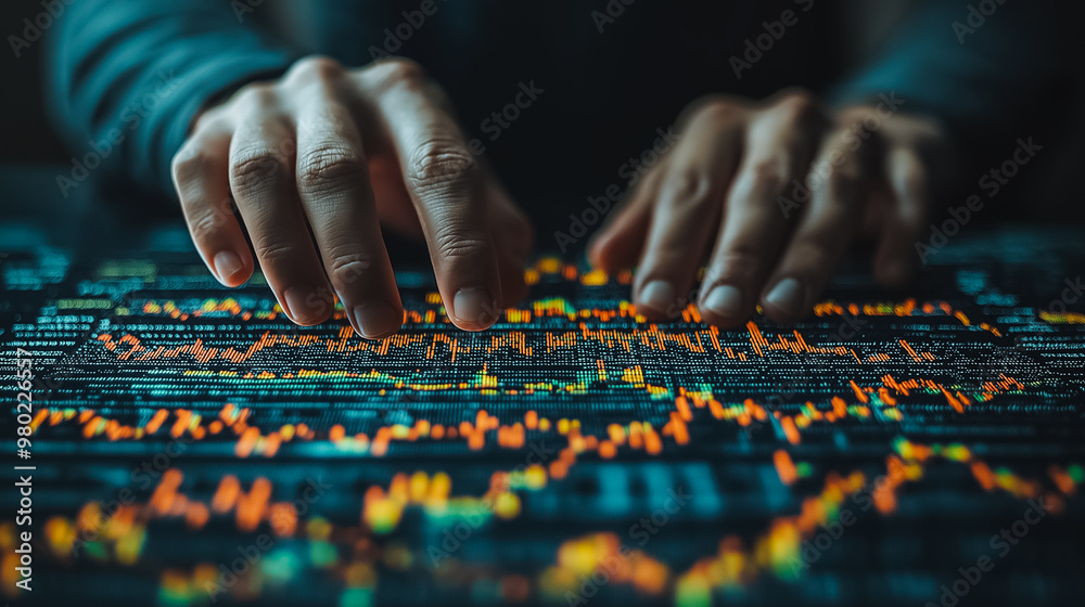 A person is typing on a computer keyboard with a screen displaying a graph. Concept of someone working on a computer, possibly analyzing data or working on a project. Scene is focused and serious