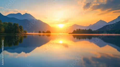 Beautiful travel background with a sunset over a serene lake, reflections of mountains and trees in the water