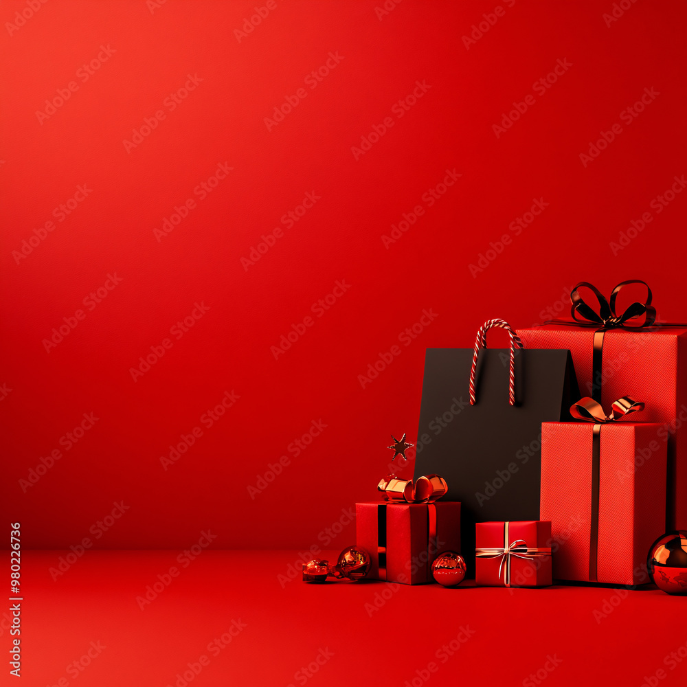 A red background with a black bag and four red boxes. The boxes are stacked on top of each other and the bag is in the middle. Concept of excitement and anticipation for the upcoming holiday season
