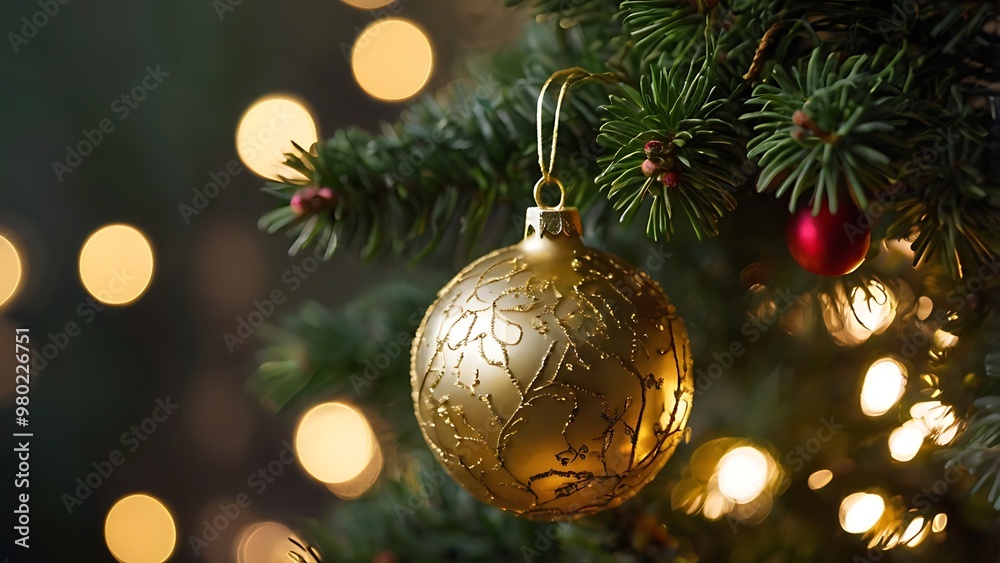 Christmas theme decoration, pine tree with beautiful shiny ornaments and bokeh lights on background Christmas theme decoration, pine tree with beautiful shiny ornaments and bokeh lights on background