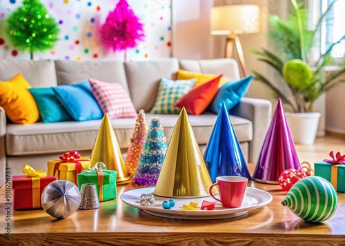 Vibrant New Year's Eve celebration setup at home, featuring colorful party hats and noise makers scattered on a coffee table amidst festive decorations. photo