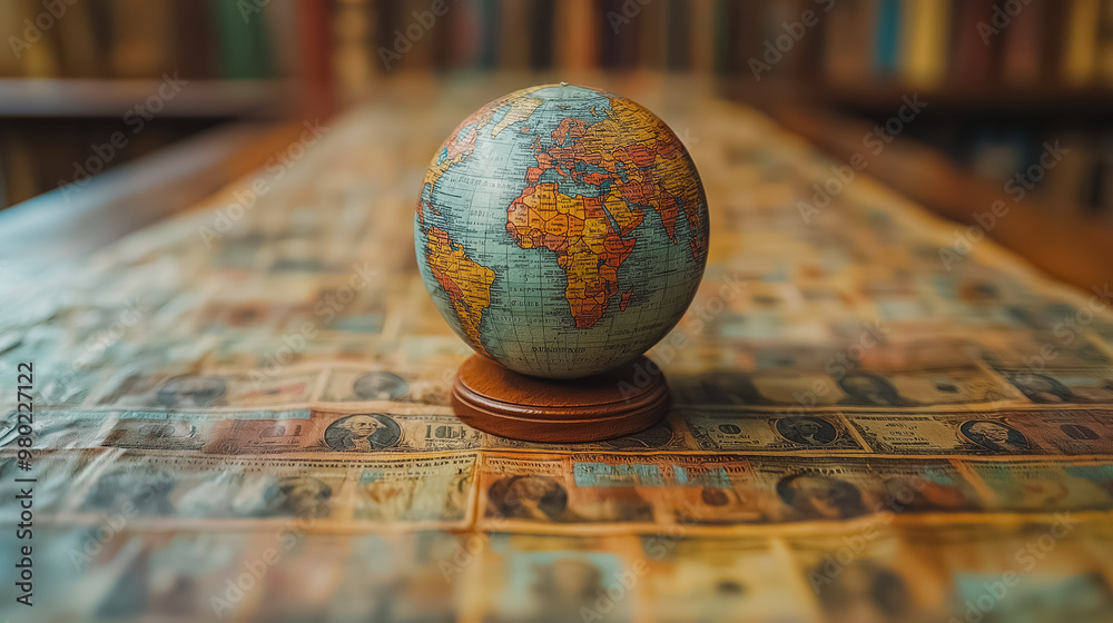 A globe sits on top of a table covered in dollar bills. The globe is surrounded by a variety of different colored bills, creating a unique and interesting scene. Concept of curiosity and wonder