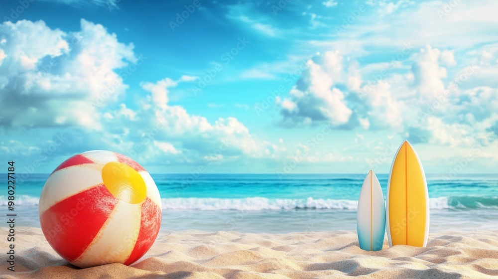 Obraz premium Bright and colorful summer holiday background with a beach ball, surfboards, and the ocean in the background