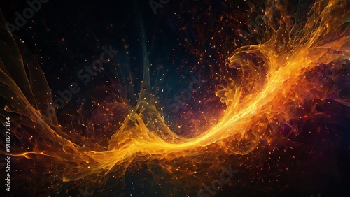 Fire like abstract background illustration of orange waves on black background, fractal flowing lights
