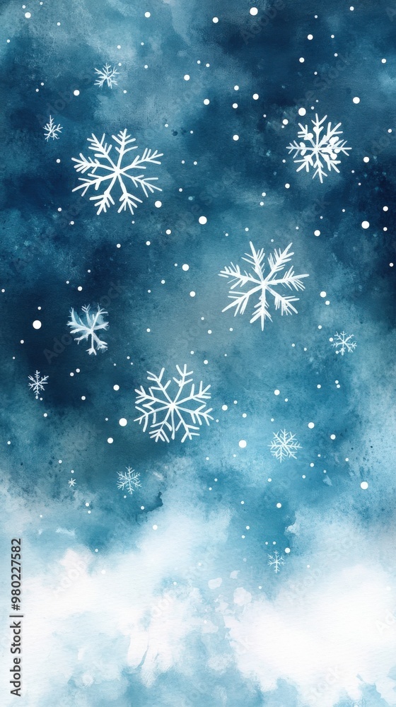 Delicate Winter Snowflakes on a Watercolor Blue Background Delicate Winter Snowflakes on a Watercolor Blue Background
