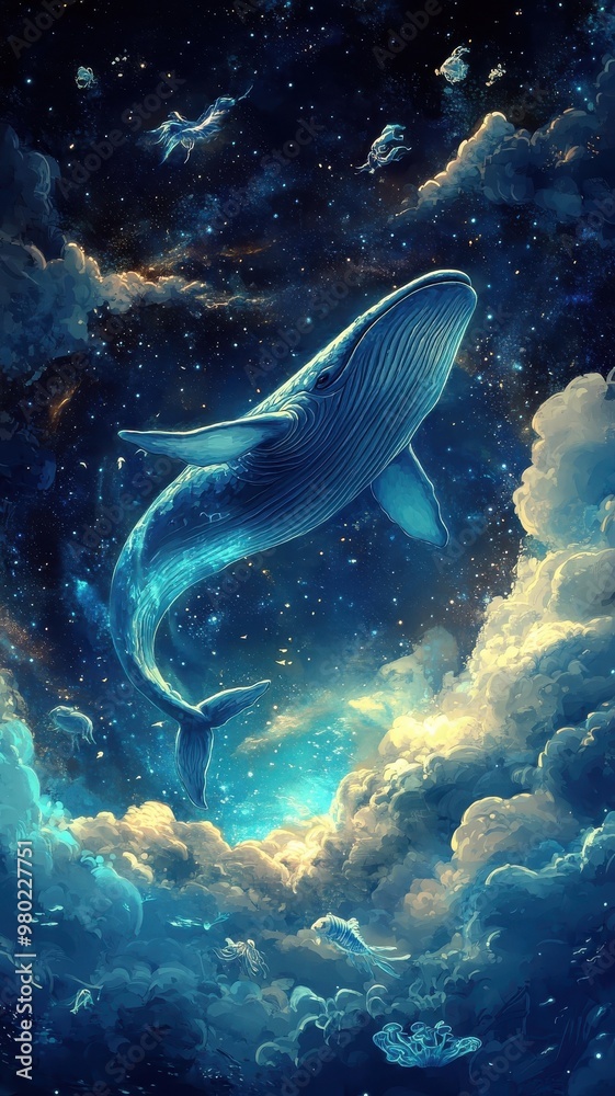 Surreal blue whale, floating above a dreamlike landscape, surrounded by clouds and fantastical marine creatures. Surreal blue whale, floating above a dreamlike landscape, surrounded by clouds and fantastical marine creatures.