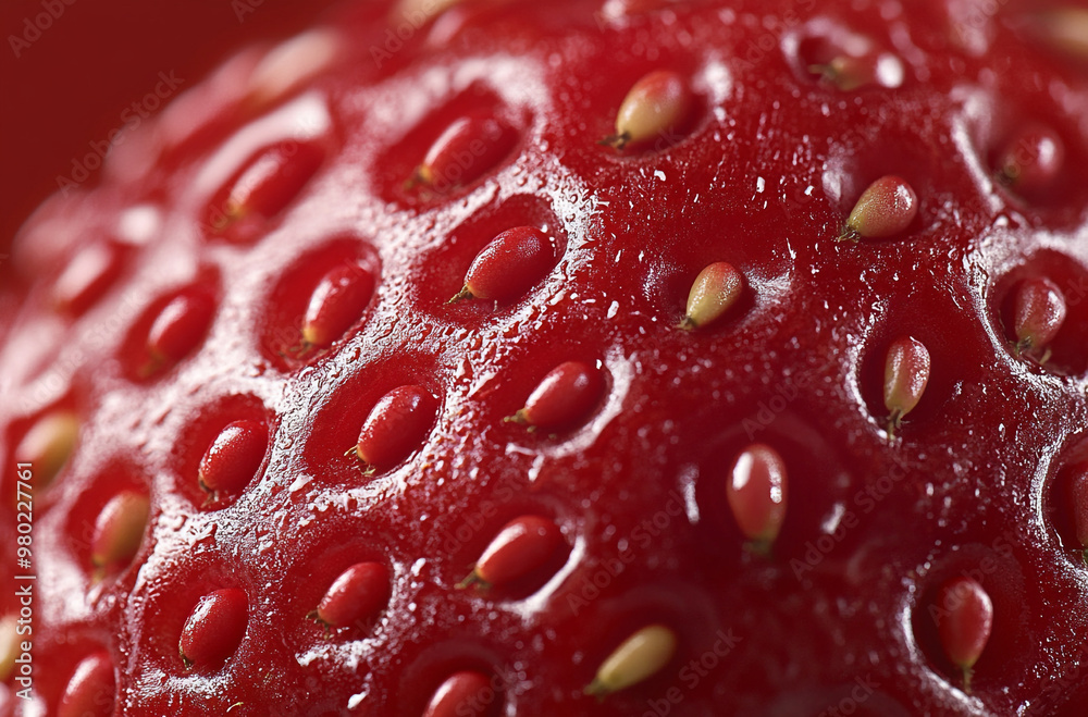 close-up shot of the juicy texture and vibrant red color of one single strawberry close-up shot of the juicy texture and vibrant red color of one single strawberry