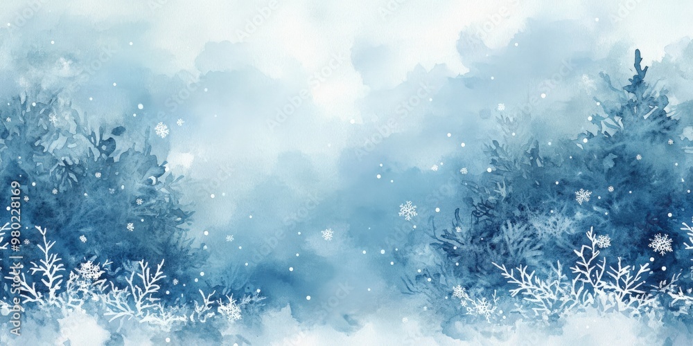 Delicate Winter Snowflakes on a Watercolor Blue Background Delicate Winter Snowflakes on a Watercolor Blue Background