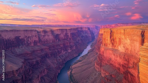 A breathtaking aerial view of the Grand Canyon, the Colorado River winding through steep canyon walls, bathed in soft sunset light, emphasizing depth and scale