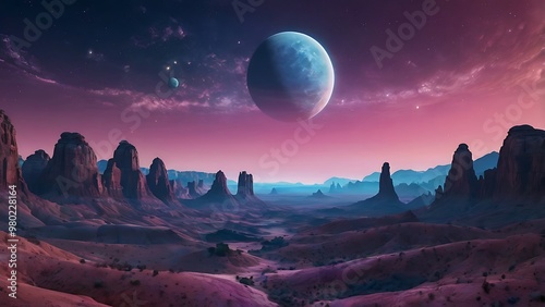 Space illustration background of a planet view in pink sky theme, view from surface of a planet with mountains and hills on horizon photo