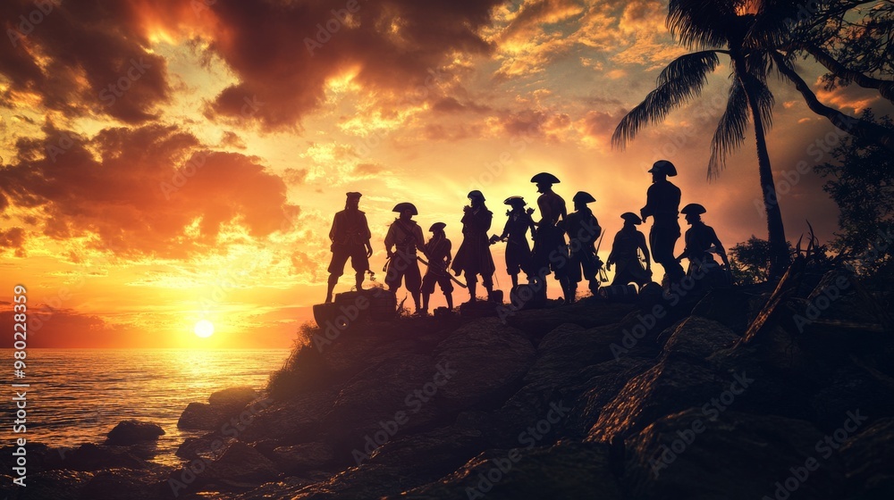 Obraz premium A group of pirates on an adventure, exploring a treasure island, perfect for stock images representing action, adventure, or storytelling
