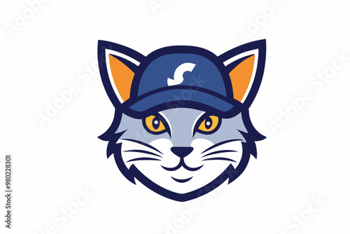 Cat head wearing cap mascot logo icon illustration on white background.