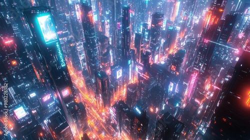 A futuristic city bathed in neon lights from a high aerial perspective, featuring digital holograms and sleek, glowing towers, with flying vehicles zooming past, Sci-Fi, Neon, High-detail