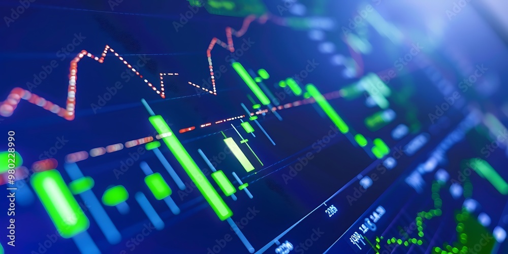 Closeup financial chart with glowing green uptrend candlesticks on blue monitor.