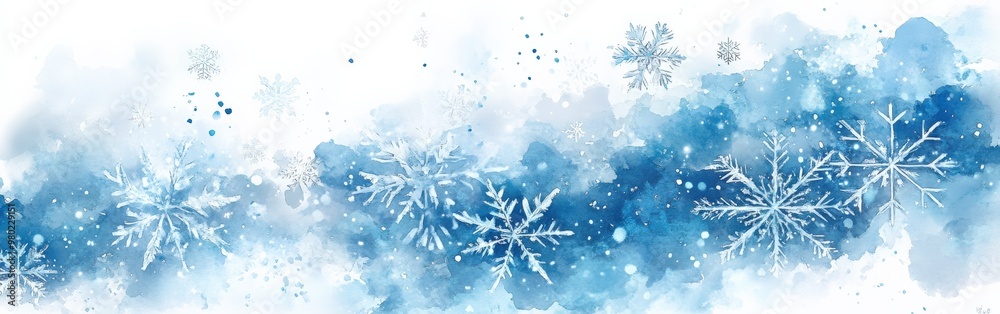 Delicate Winter Snowflakes on a Watercolor Blue Background