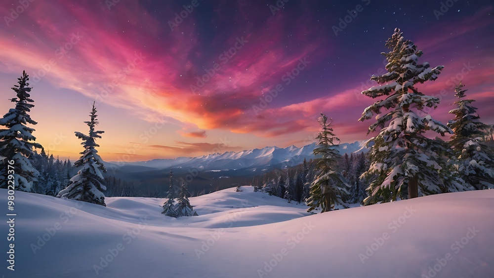 Obraz premium Beautiful landscape view of forest winter with pink colored clouds, pine trees covered in snow